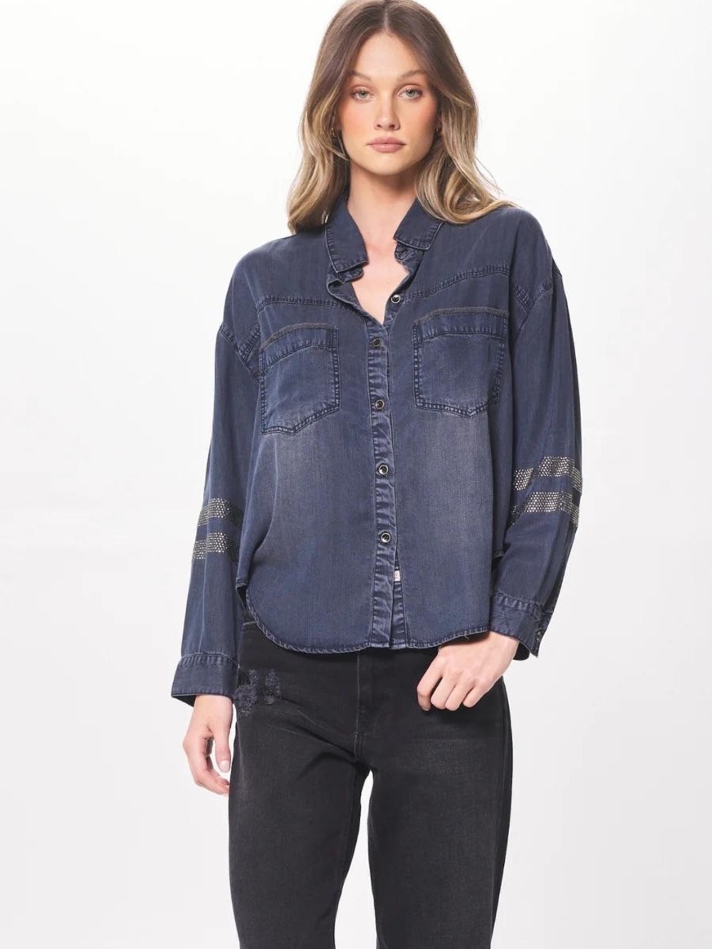 Vintage Havana Tercel Button Up with Rhinestone Detail Small Dark Denim